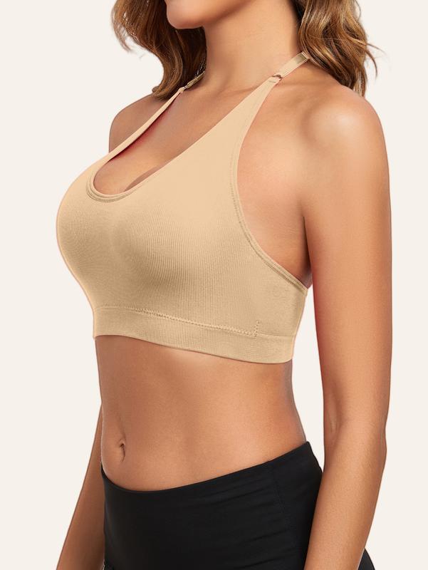 4-Pack Seamless Ribbed Halter Bras: Elegant Deep V Yoga & Gym Tops