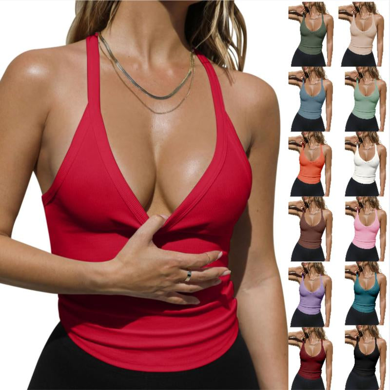FMEYOA Women Casual Racerback Tank Tops Summer V Neck Ribbed Knit Yoga Workout Camisole Basic Top